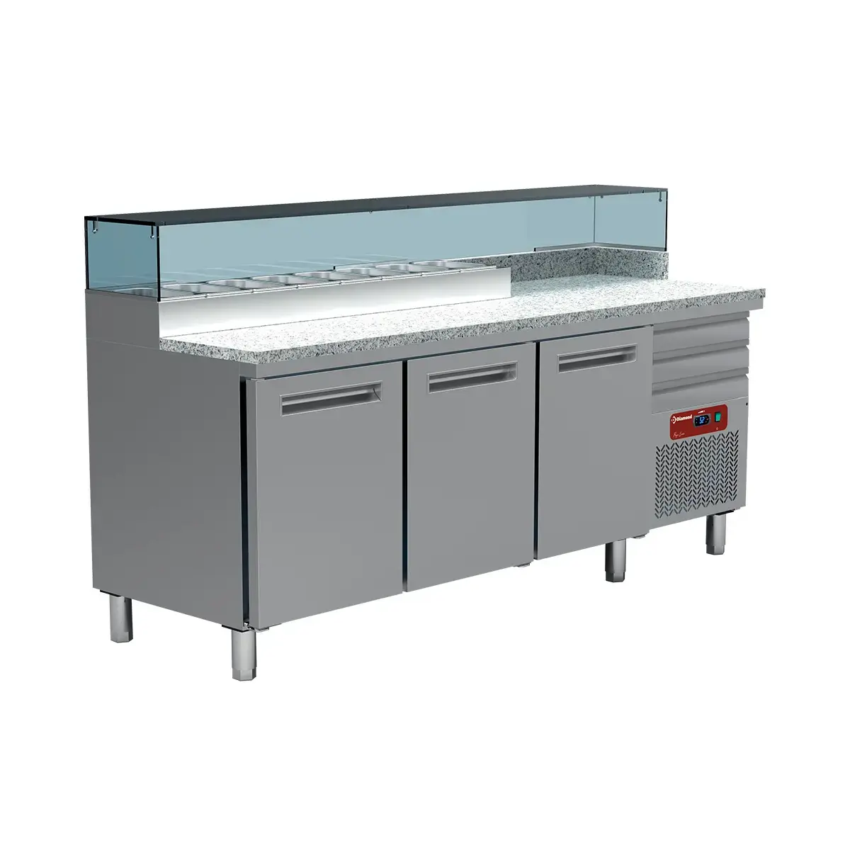 image pizzeria koeltafel, 3 deuren en 600x400, 3 neutrale laden en 600x400, gekoelde structuur 8x gn 1/4 0