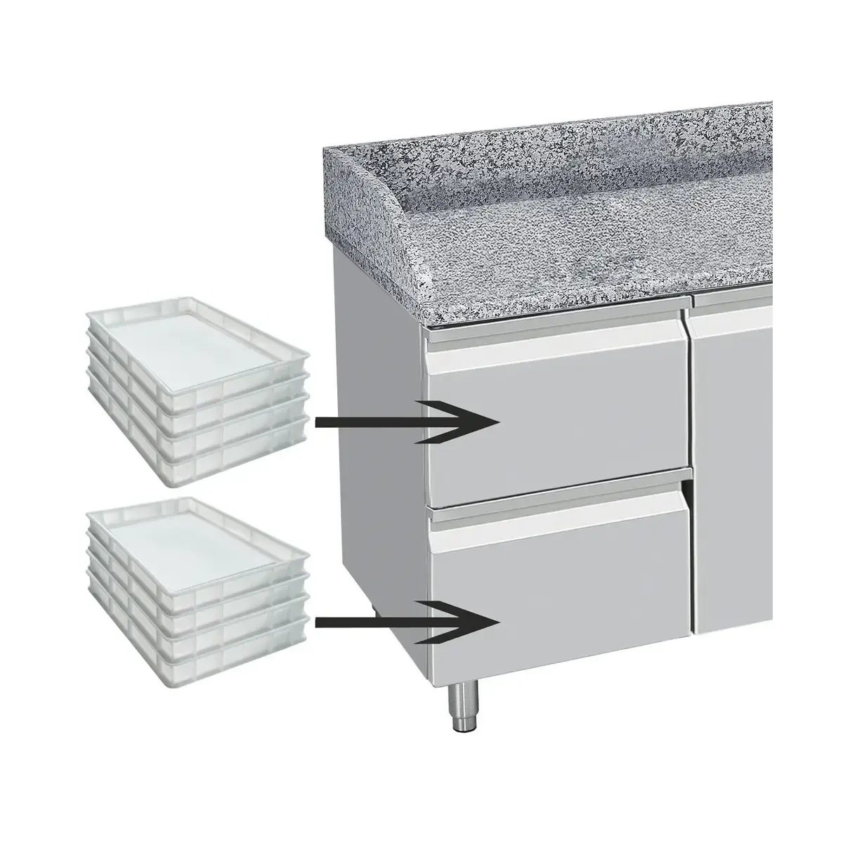 image koeltafel 2 deuren 600x400, 2 neutrale laden (8x bakken 600x400) + gereedschapslade 3
