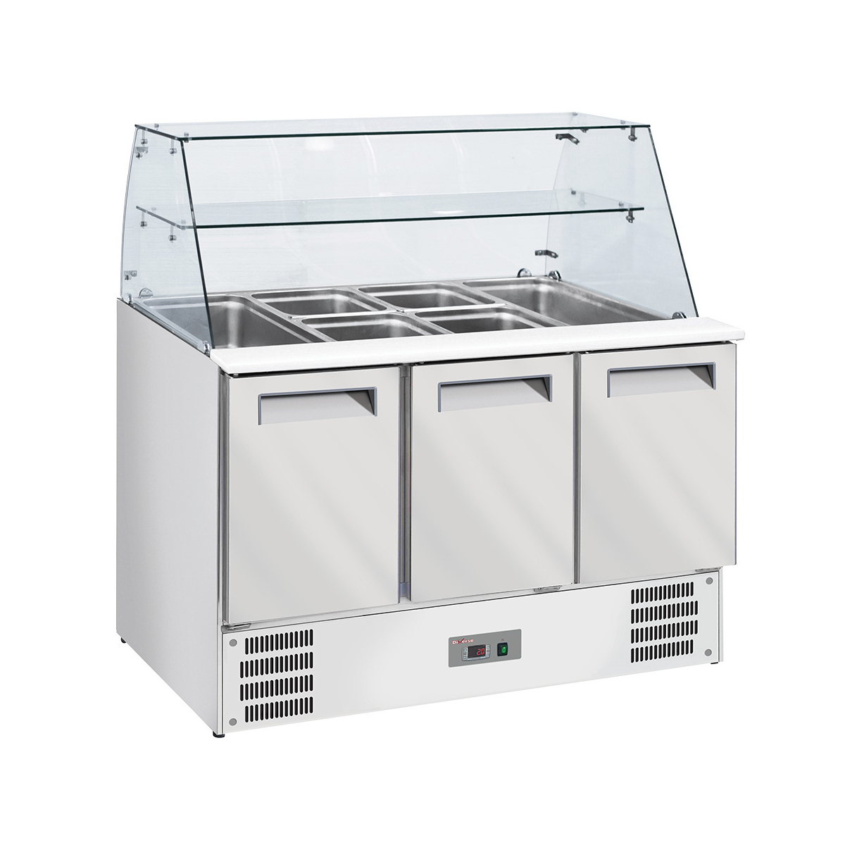 image gekoelde saladette met gebogen glas 4x gn1/1-150 mm + reserve 3 deuren gn 1/1 0