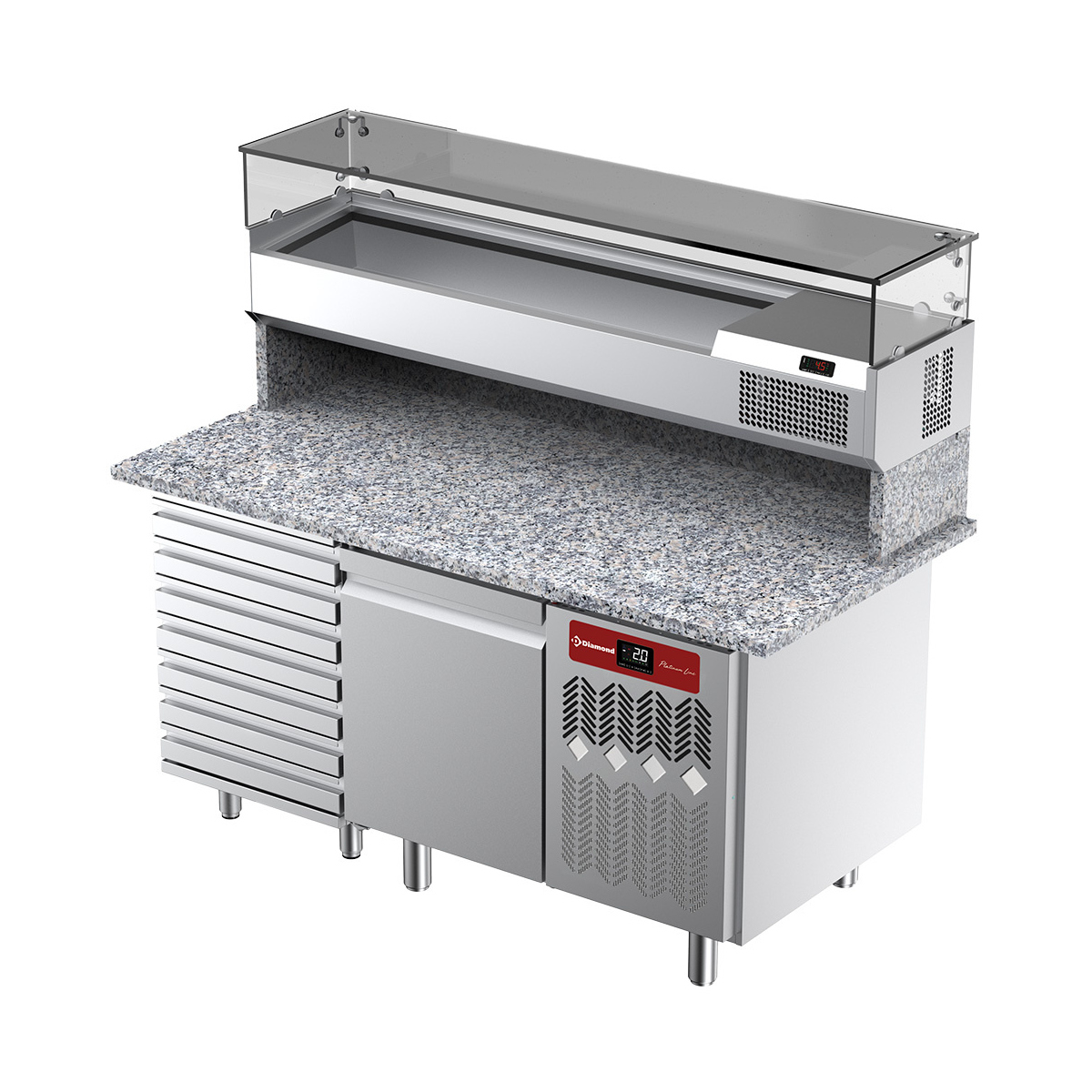 image geventileerde koeltafel voor pizza met 1 deur en 7 lades en gekoelde vitrine 1600x380x410 en werkblad in graniet. 0