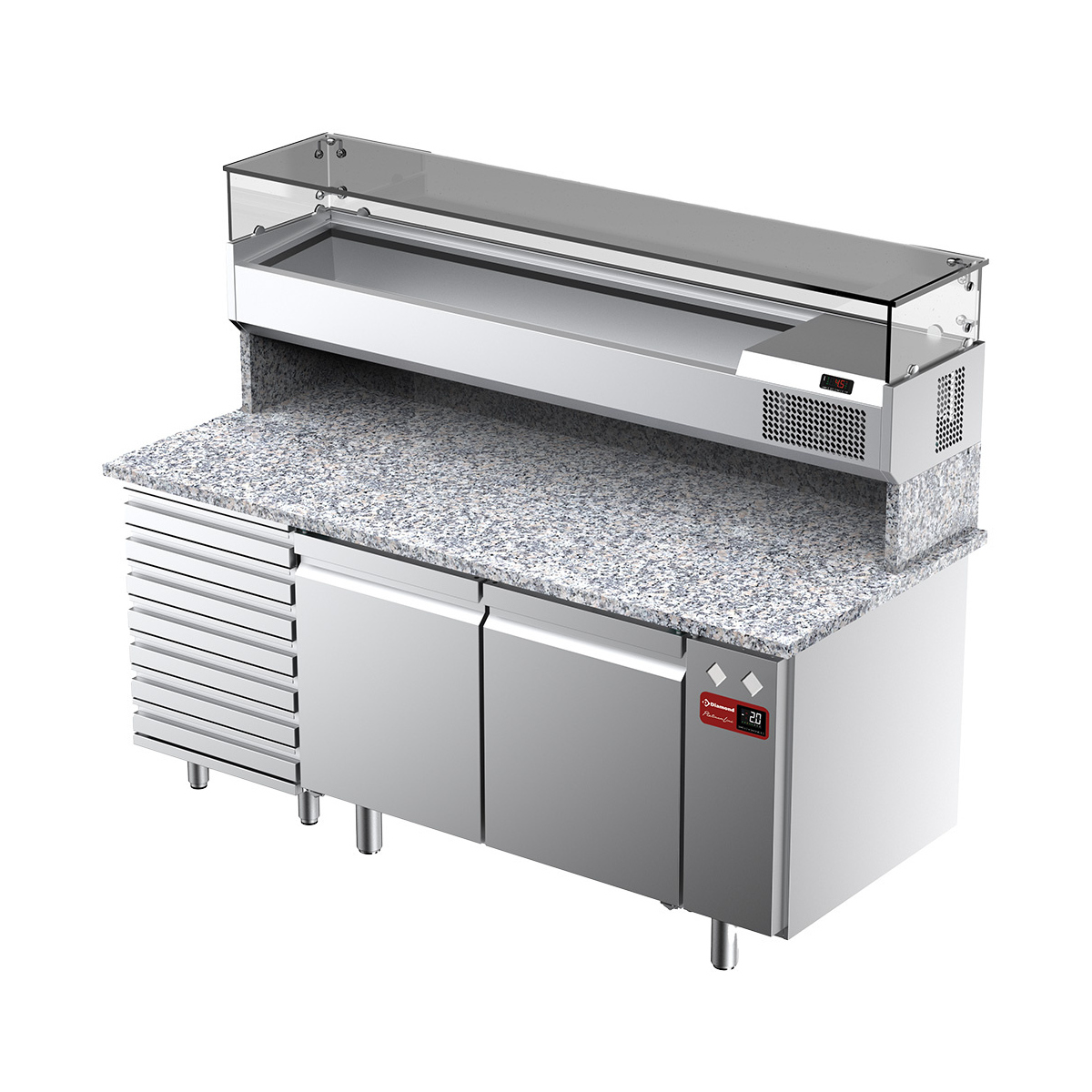 image geventileerde koeltafel voor pizza met 2 deuren en 7 lades en gekoelde vitrine 1800x380x410 en werkblad in graniet. 0