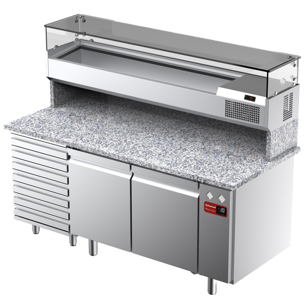 Image Geventileerde koeltafel voor pizza met 2 deuren en 7 lades en gekoelde vitrine 1800x380x410 en werkblad in graniet. 0