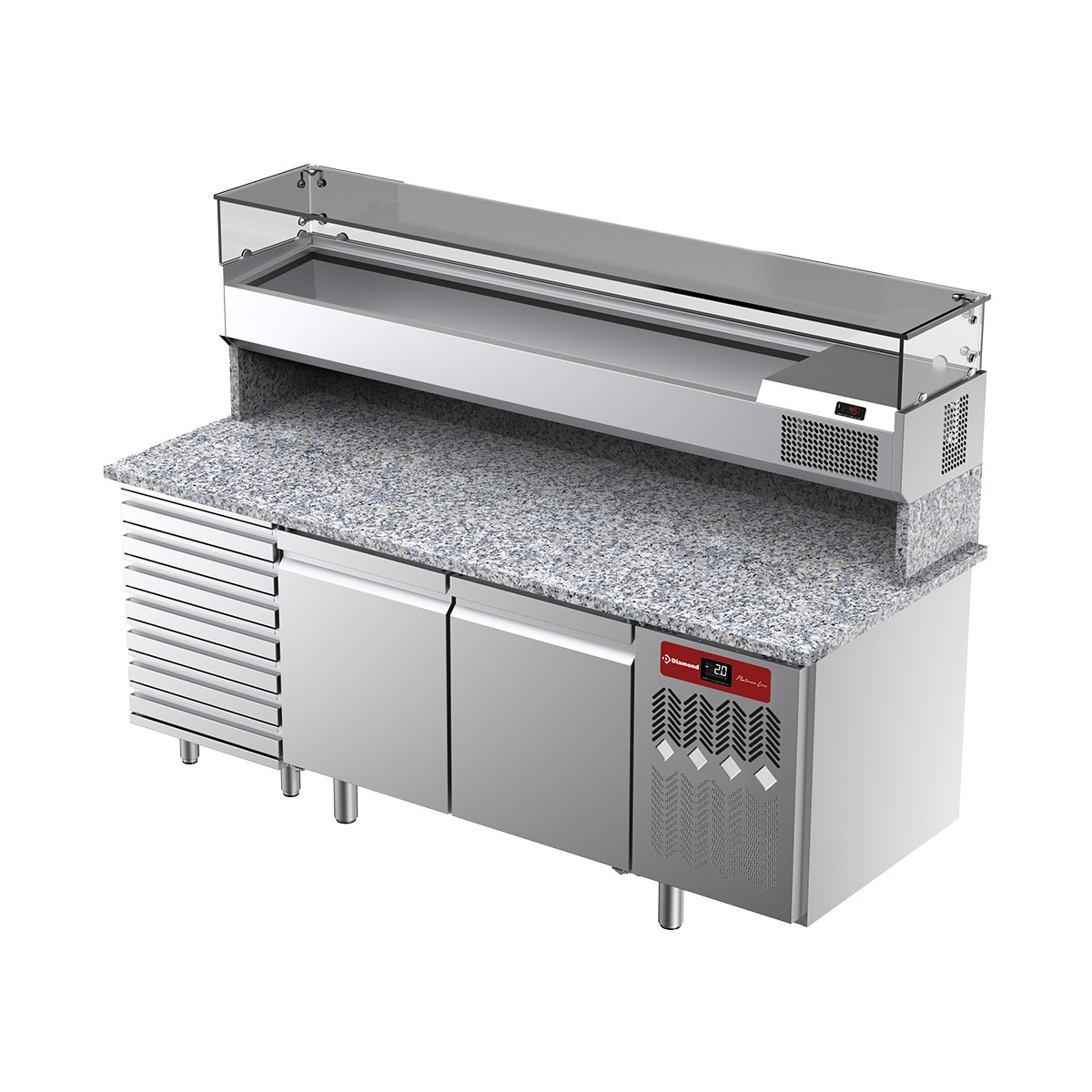image geventileerde koeltafel voor pizza met 2 deuren en 7 lades en gekoelde vitrine 2000x380x410 en werkblad in graniet. 0
