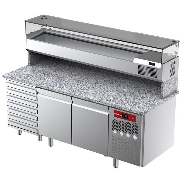 Image Geventileerde koeltafel voor pizza met 2 deuren en 7 lades en gekoelde vitrine 2000x380x410 en werkblad in graniet. 0