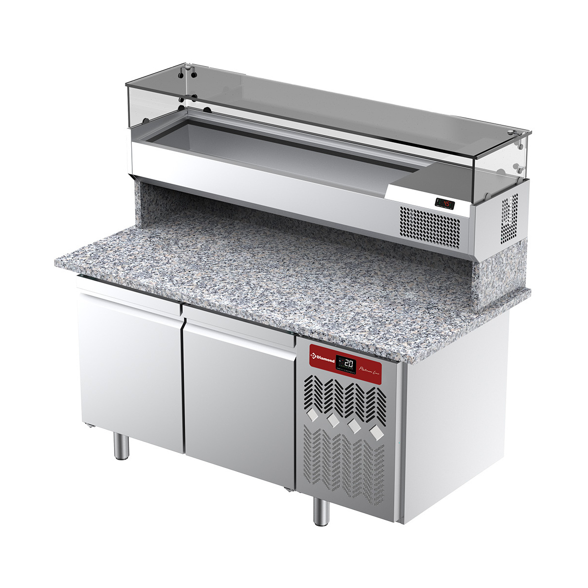 image geventileerde koeltafel voor pizza met 2 deuren en gekoelde vitrine 1600x380x410 en werkblad in graniet. 0