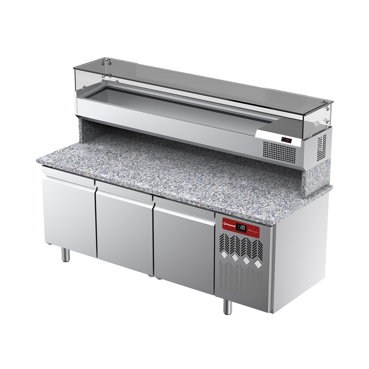 image geventileerde koeltafel voor pizza met 3 deuren en gekoelde vitrine 2000x380x410 en werkblad in graniet. 0