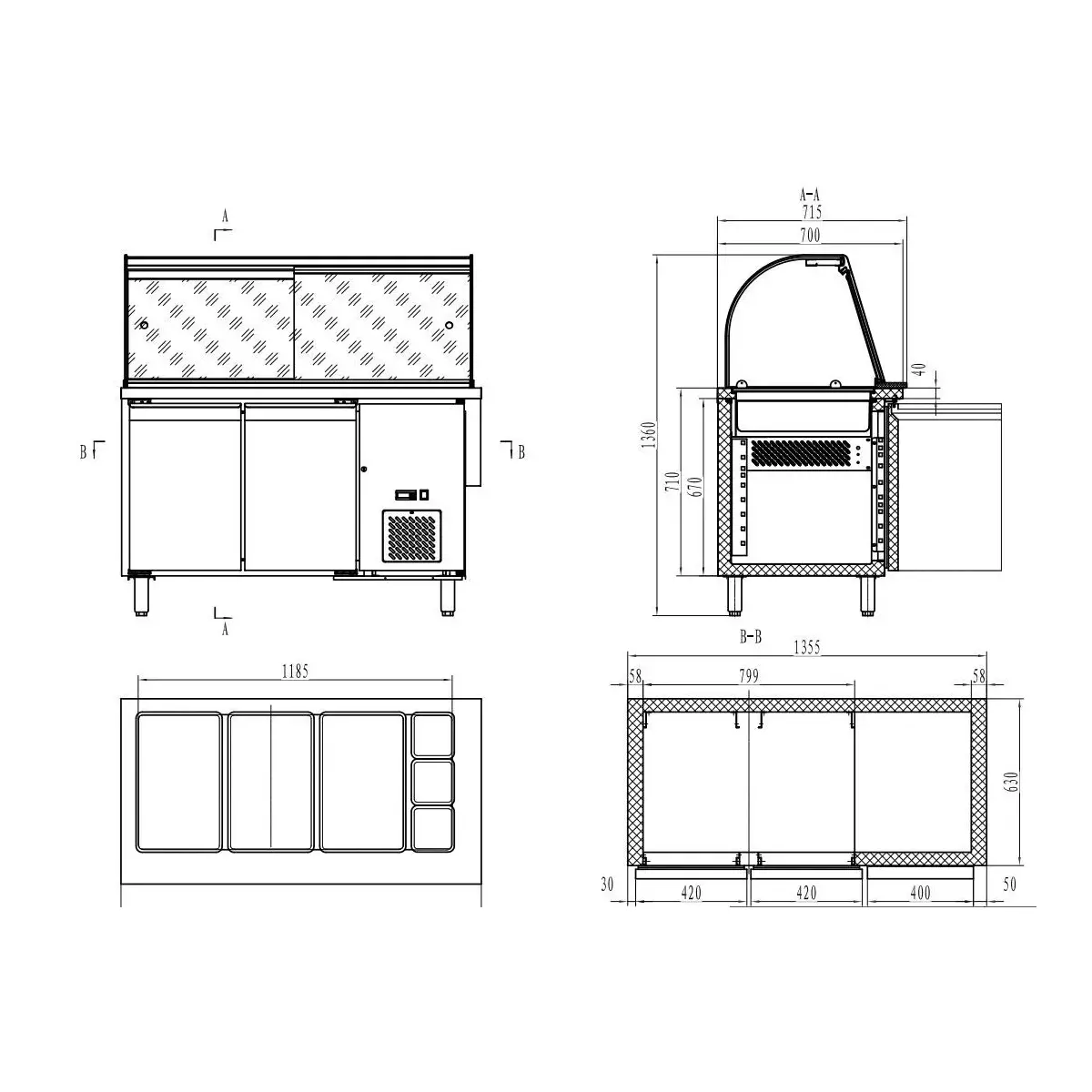 700 koelwerkbank glas recht 2 deuren 3x 1/1 + 3x 1/6 gn pan - image 3