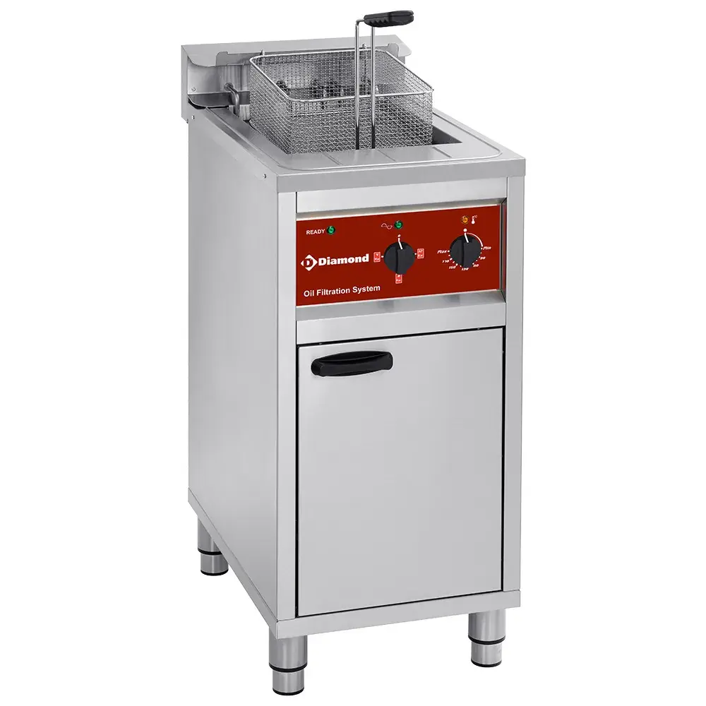 Elektrische friteuse met filtersysteem, 1 kuip van 16 liter, op meube
