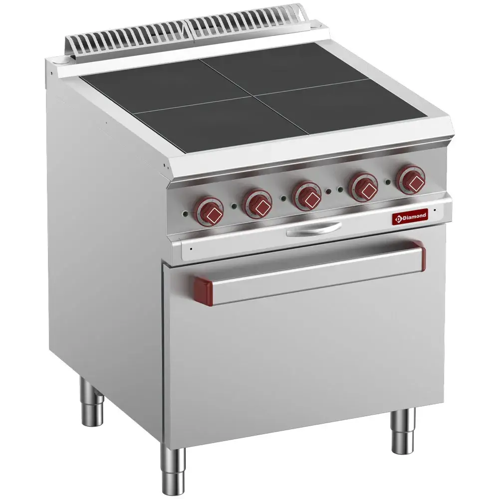 Elektrisch fornuis 4 uitgelijnde platen, op oven GN 2/1