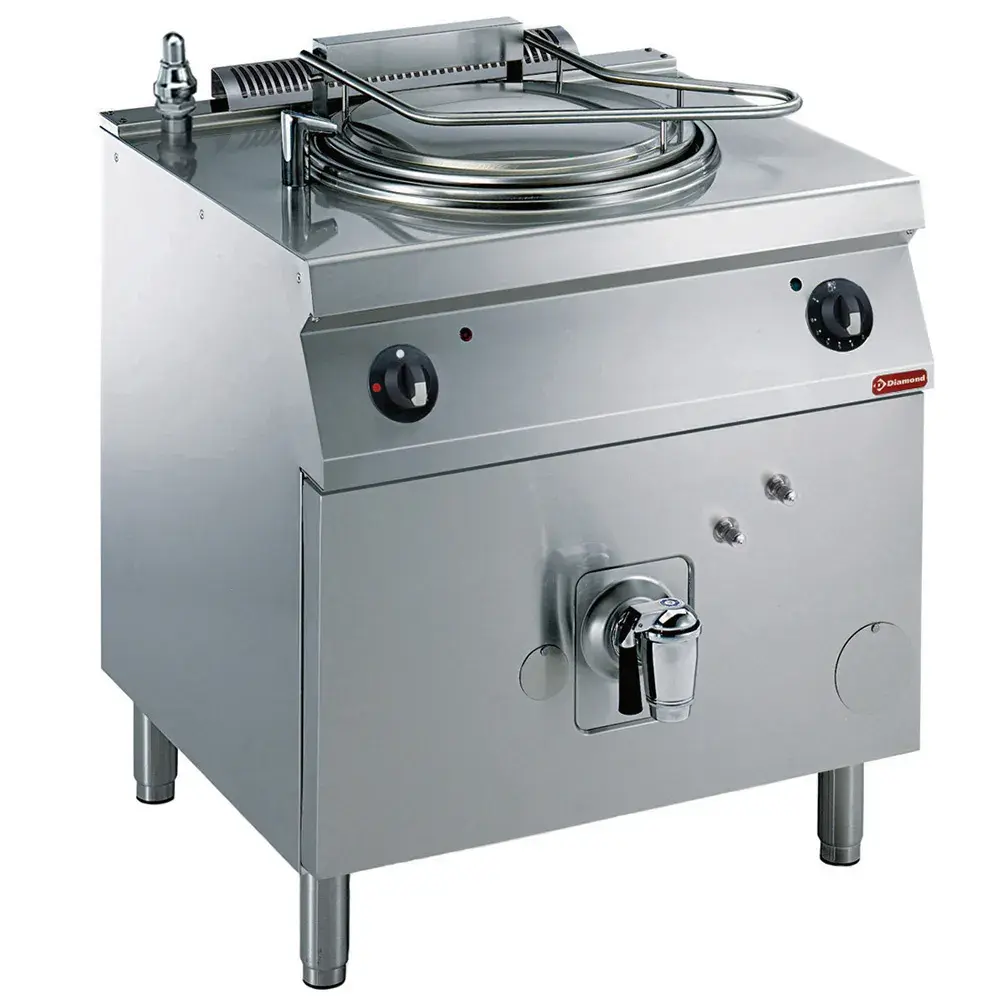 Ronde kookketel op gas, 60 liter, indirecte verwarming, op onderstel