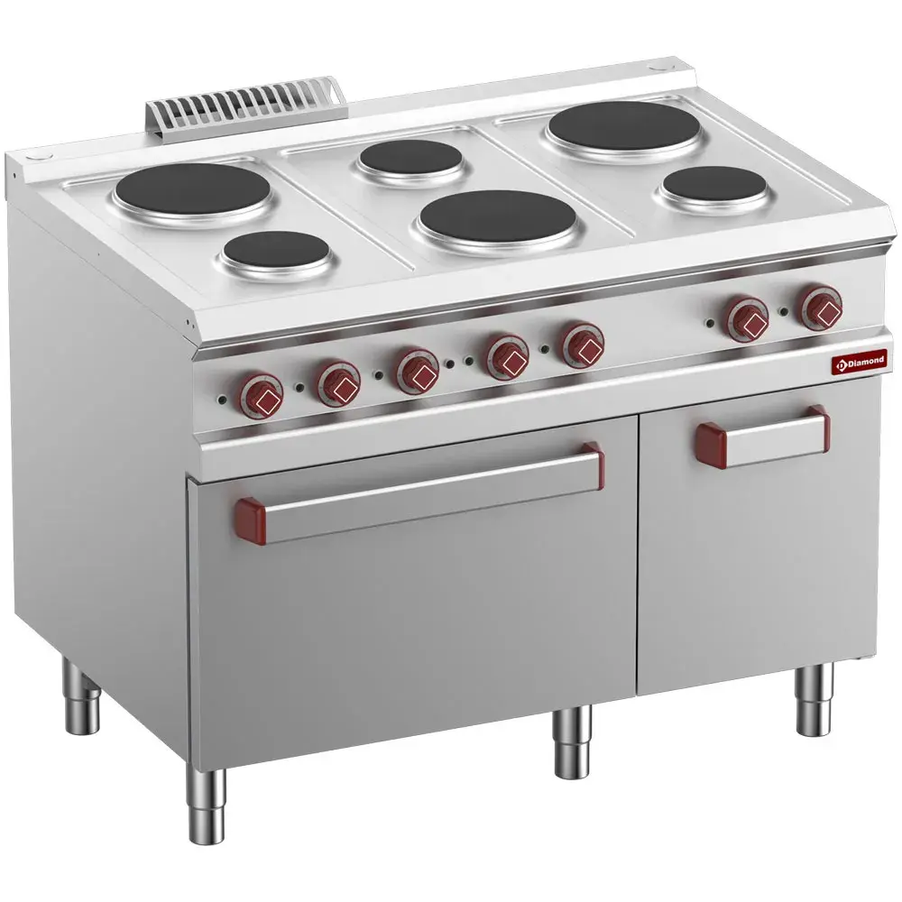 Elektrisch fornuis met 6 ronde platen, elektrische oven GN 2/1 en grill, met kast GN 1/1