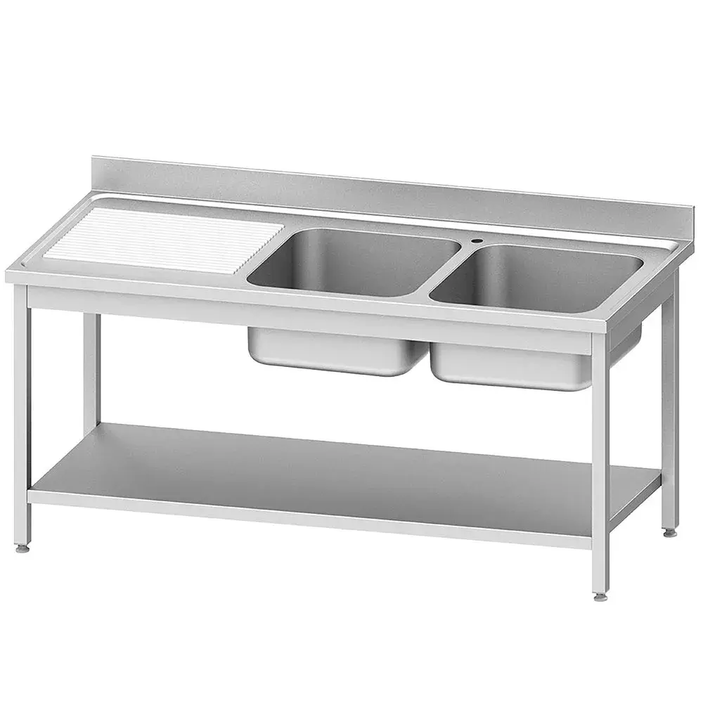 RVS spoeltafel ECO met 2 kuipen en links druipvlak, met onderblad - Main Image