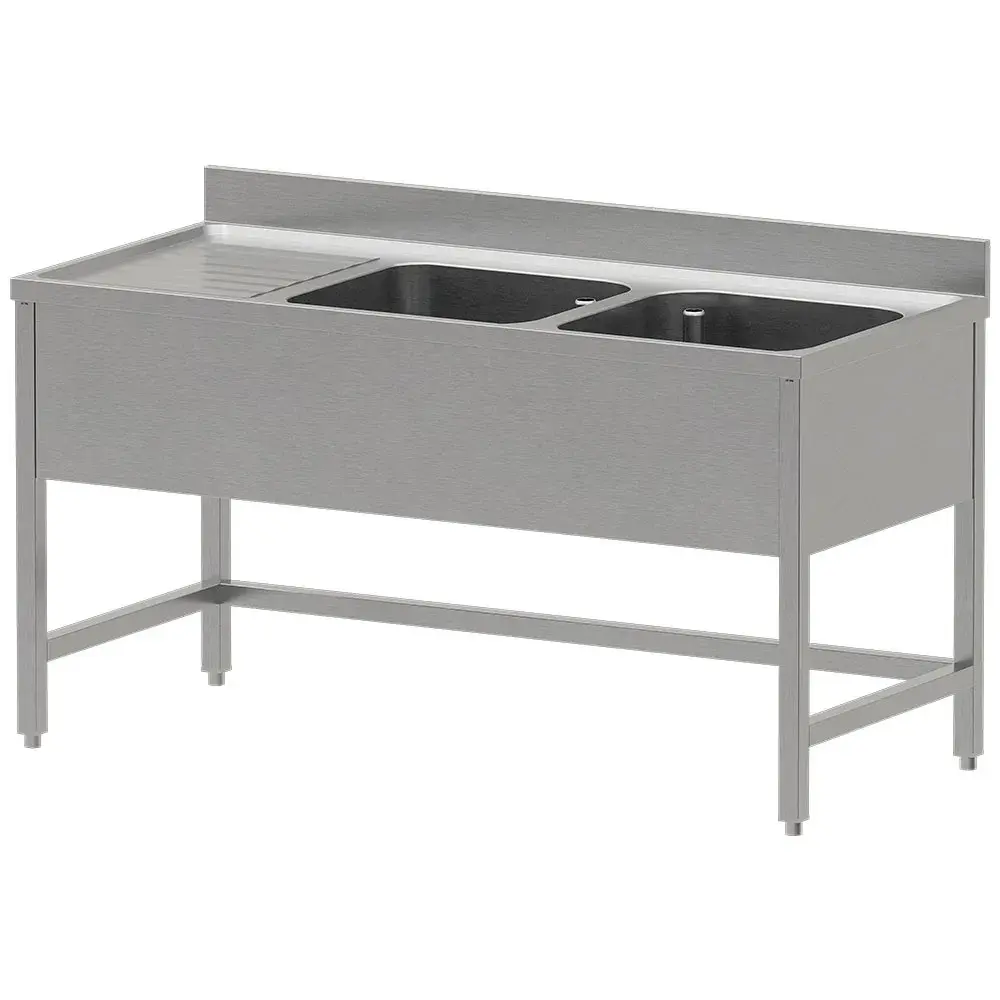 RVS spoeltafel ECO met 2 kuipen en links druipvlak, zonder onderlegplank - Main Image