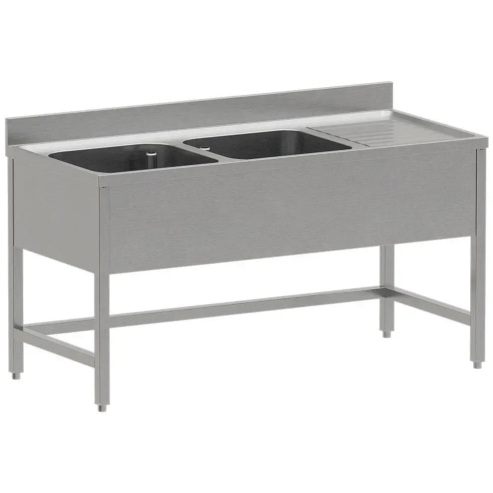 RVS spoeltafel ECO met 2 kuipen en rechts druipvlak, zonder onderlegplank - Main Image