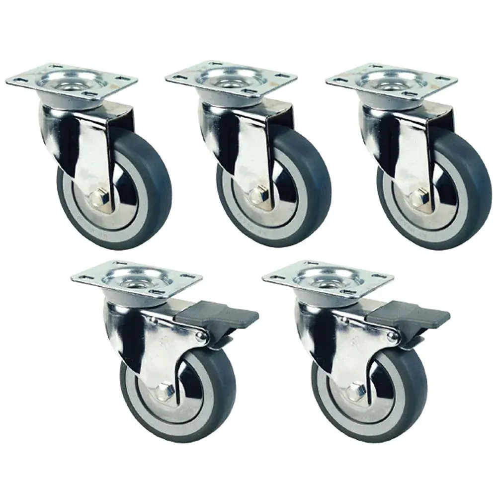 Set van 5 verchroomde wielen Ø 100 voor Tafels op kast (2 met rem) - Main Image