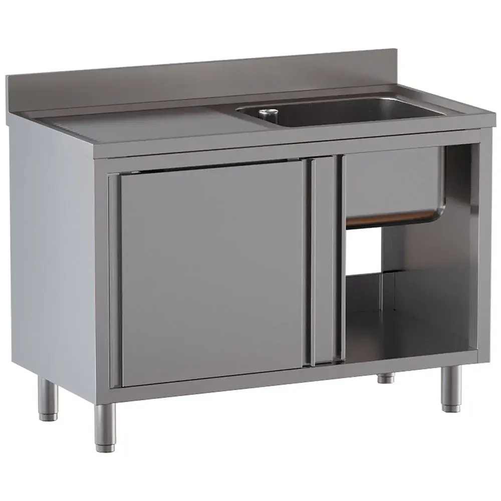 Spoeltafel 1 kuip 600×500×300, afdruipblad links, op kast met 2 schuifdeuren - Main Image