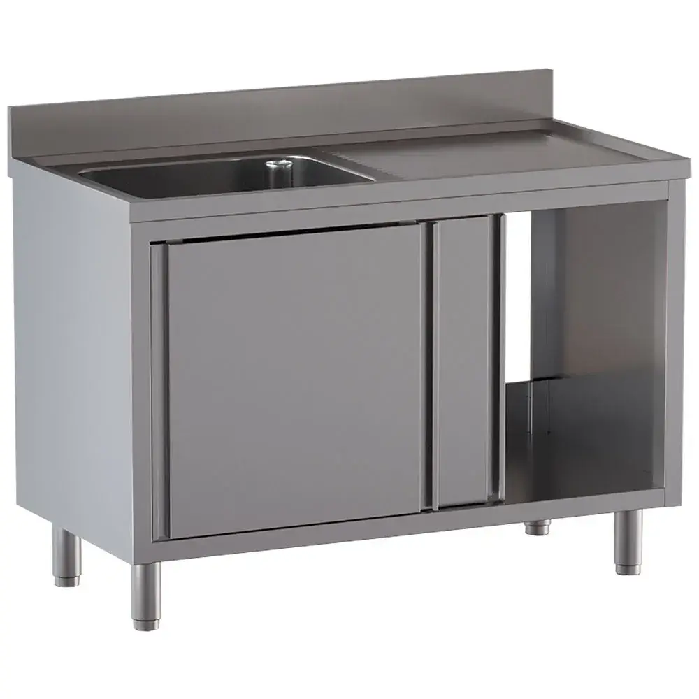 Spoeltafel 1 kuip 600×500×300, afdruipblad rechts, op kast met 2 schuifdeuren - Main Image