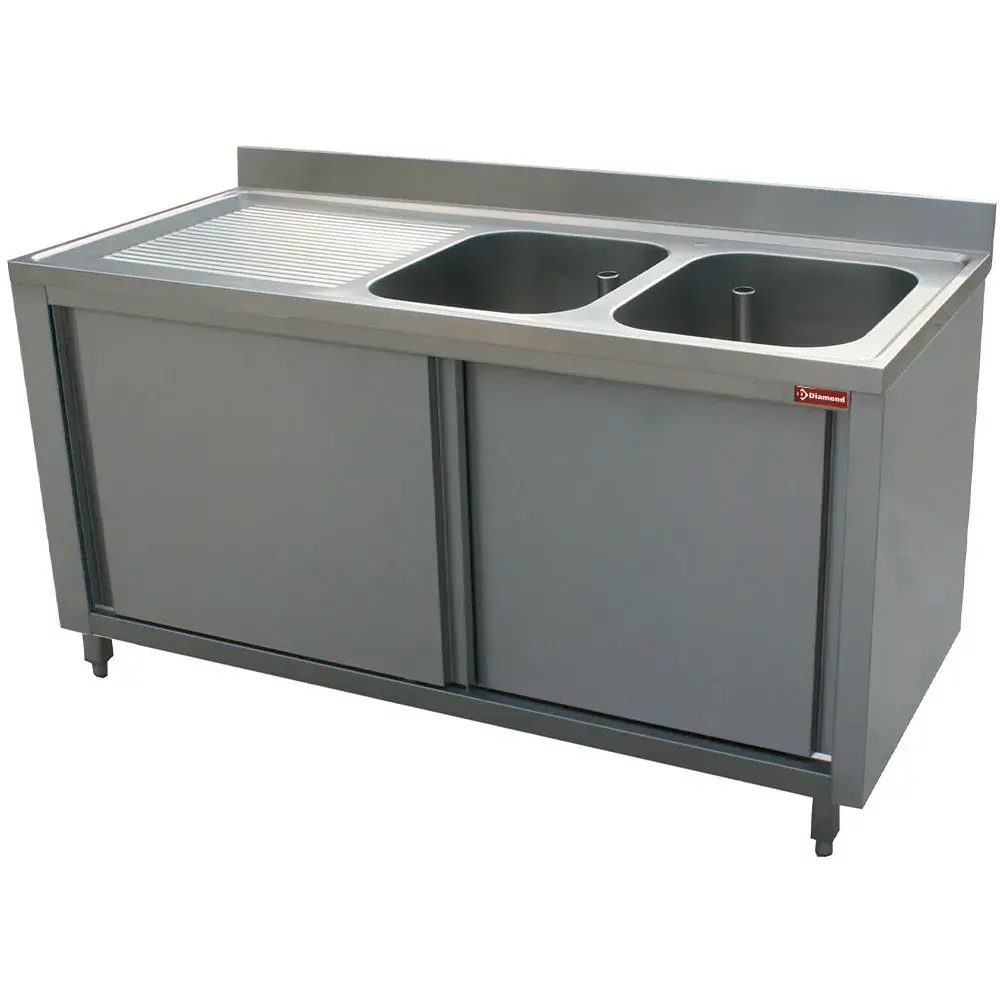 Spoeltafel 2 kuipen 400x500xh275, links druipvlak op kast met 2 schuifdeuren - Main Image