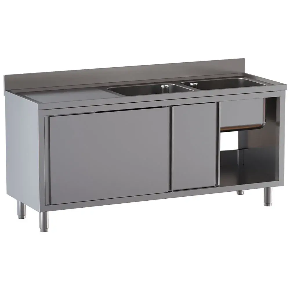 Spoeltafel 2 kuipen 500×500×300, afdruipblad links, op kast met 2 schuifdeuren - Main Image