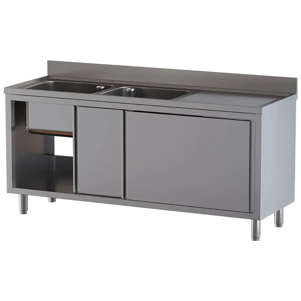 Spoeltafel 2 kuipen 500×500×300, afdruipblad rechts, op kast met 2 schuifdeuren - Main Image