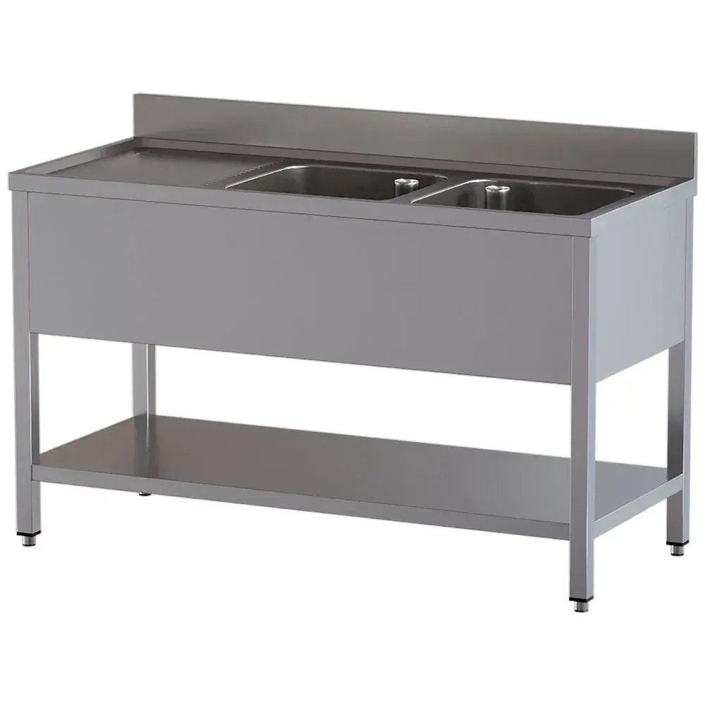 Spoeltafel 2 kuipen en 1 afdruipblad links, met onderlegplank - Main Image