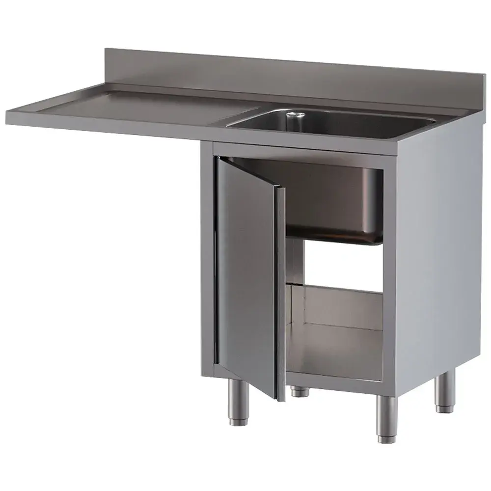 Spoeltafel met 1 kuip, druipvlak links, op kast met 1 draaideur en ruimte voor vaatwas - Main Image