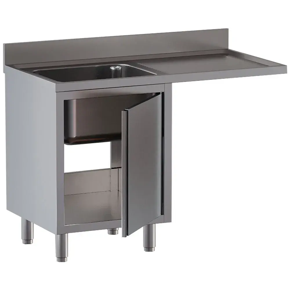 Spoeltafel met 1 kuip, druipvlak rechts, op kast met 1 draaideur en ruimte voor vaatwas - Main Image