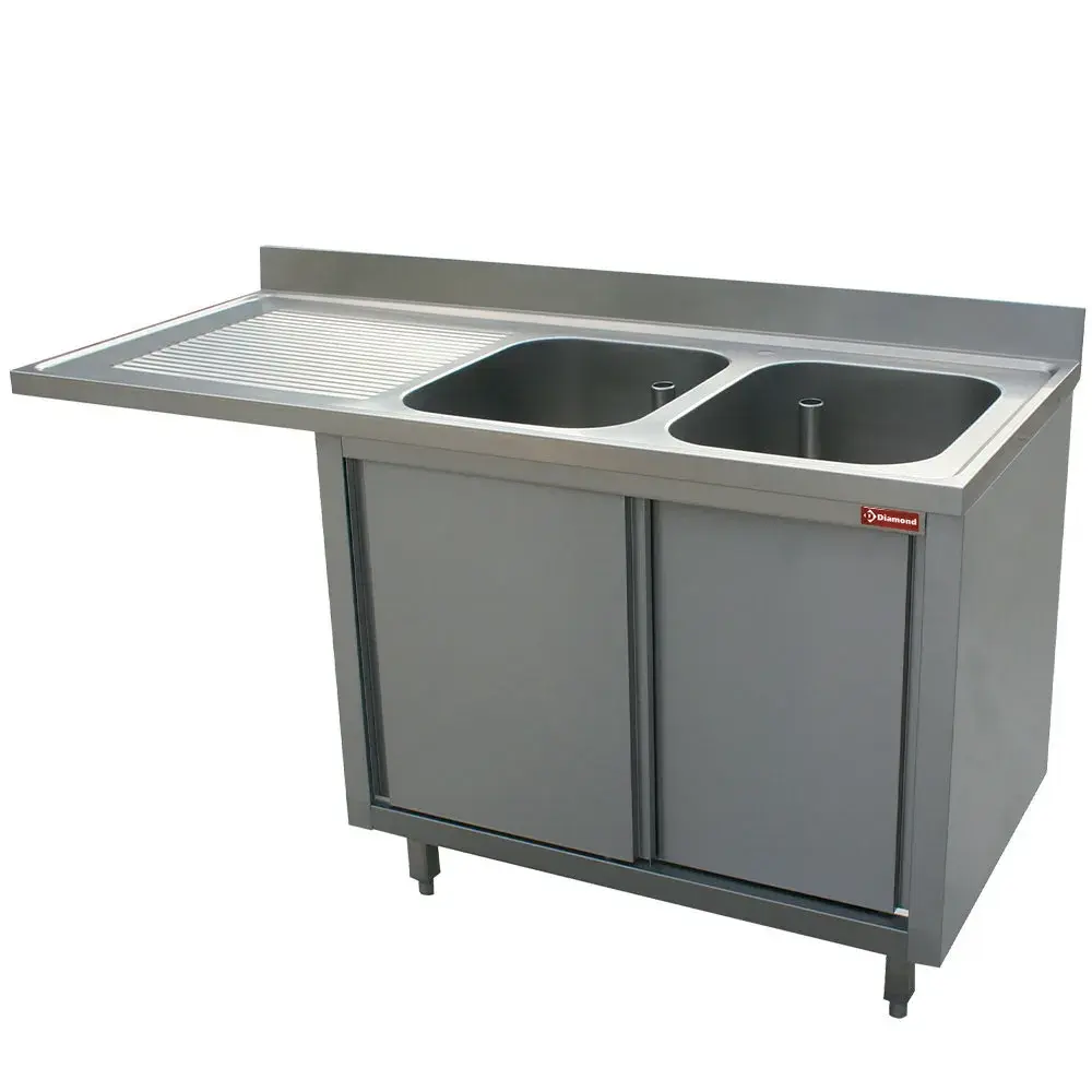 Spoeltafel met 2 kuipen 400x500x275 links druipvlak op kast met 2 schuifdeuren en nis voor vaatwasser - Main Image