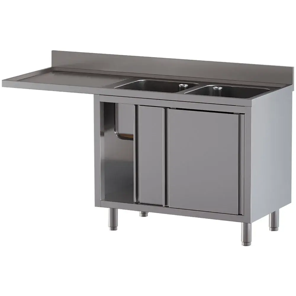 Spoeltafel met 2 kuipen 500×500×300, afdruipblad links, op kast met 2 schuifdeuren en ruimte voor vaatwasser - Main Image