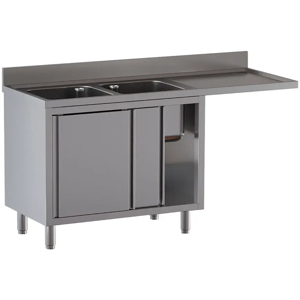 Spoeltafel met 2 kuipen 500×500×300, afdruipblad rechts, op kast met 2 schuifdeuren en ruimte voor vaatwasser - Main Image