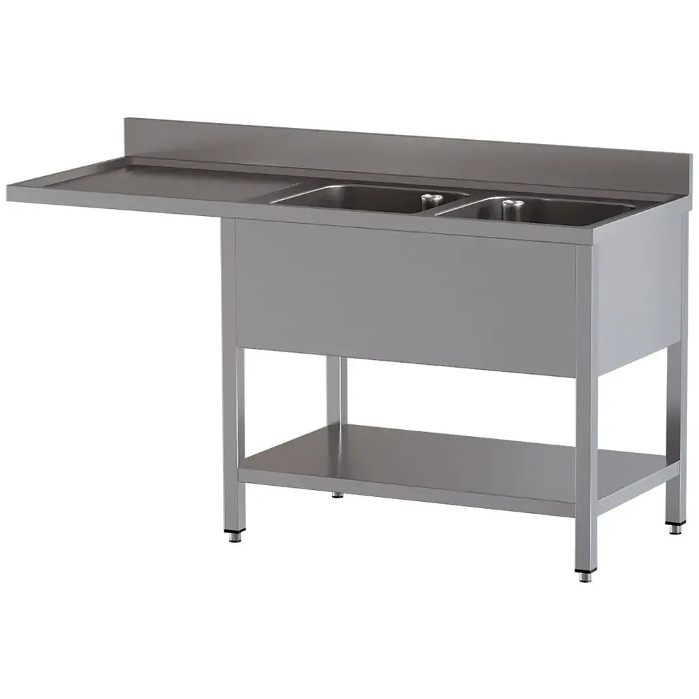 Spoeltafel met 2 kuipen en 1 afdruipblad links, met onderlegplank en ruimte voor vaatwasser - Main Image