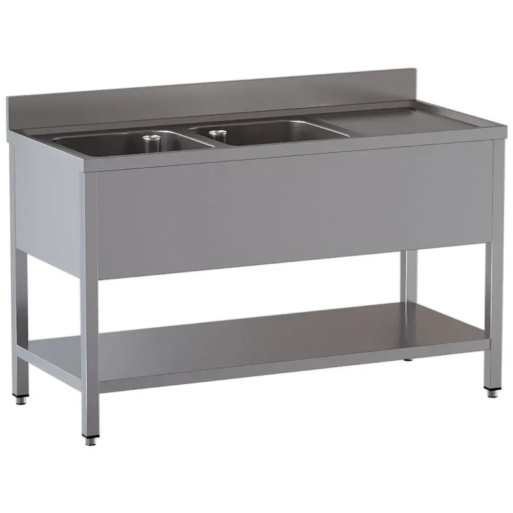 Spoeltafel met 2 kuipen en 1 afdruipblad rechts, met onderlegplank - Main Image