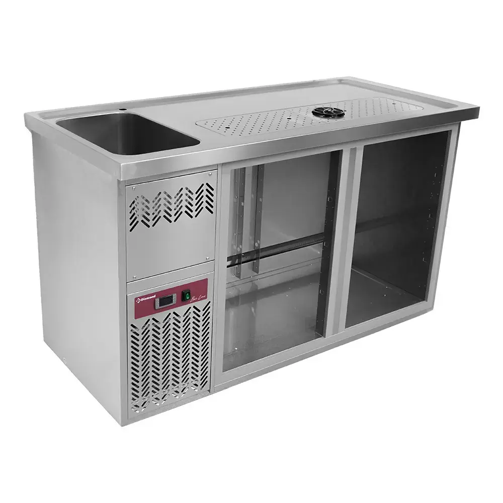 Bar counter with 2 compartments, draining board + grid, 1 sink on the left. - Main Image