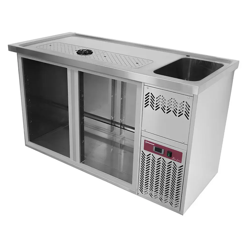 Bar counter with 2 compartments, draining board + grid, 1 sink on the right. - Main Image