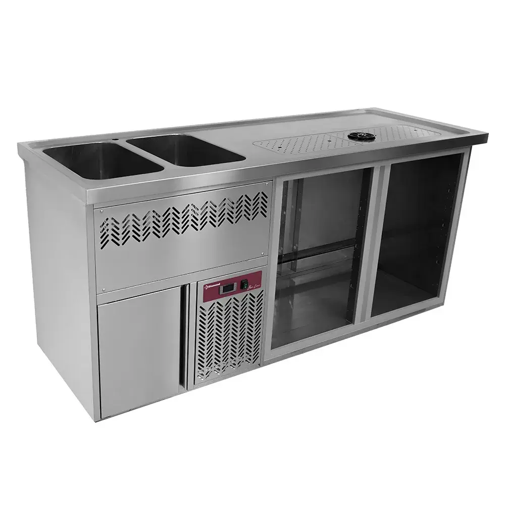 Bar counter with 2 compartments, draining board + grid, 2 sinks on the left. - Main Image