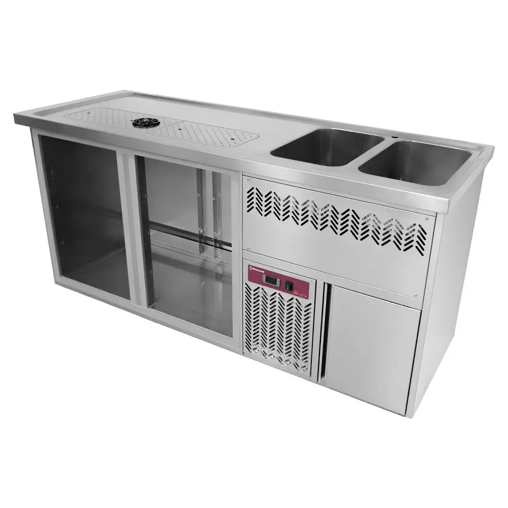 Bar counter with 2 compartments, draining board + grid, 2 sinks on the right. - Main Image