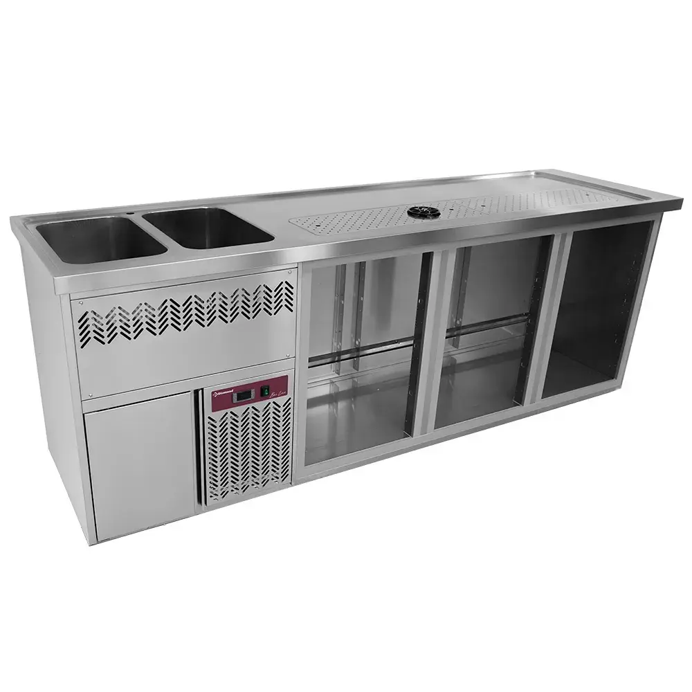 Bar counter with 3 compartments, draining board + grid, 2 sinks on the left. - Main Image