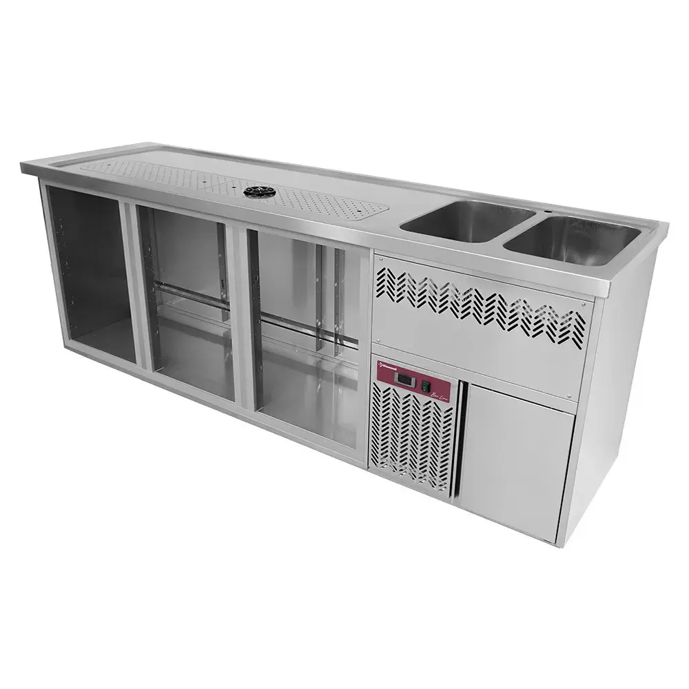 Bar counter with 3 compartments, draining board + grid, 2 sinks on the right. - Main Image