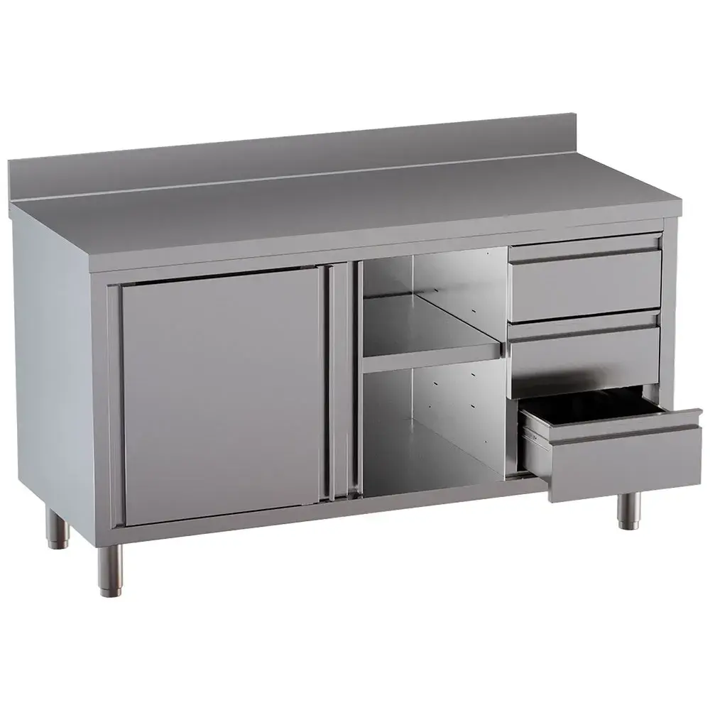 Cabinet table with 2 sliding doors, 3 drawers, with rear backsplash - Main Image