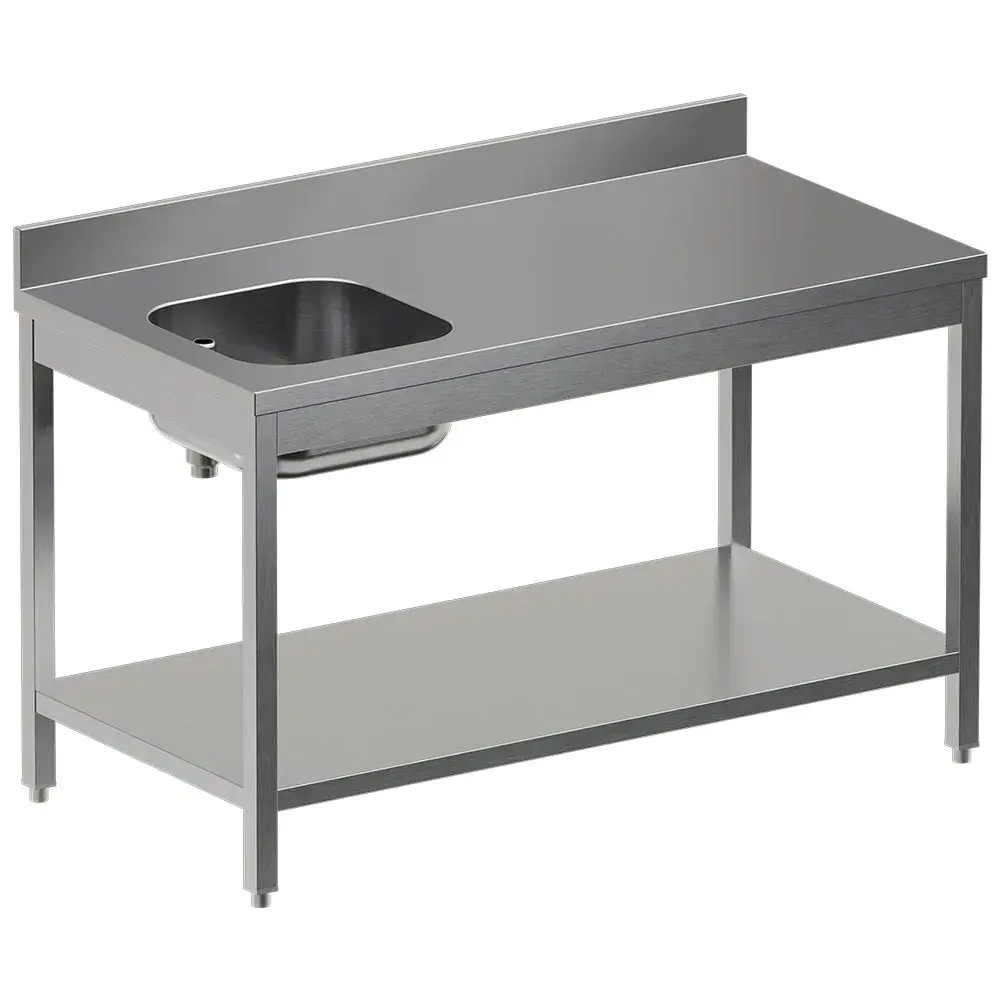 “Chef's” table with lower shelf, left sink + rear upstand - Main Image