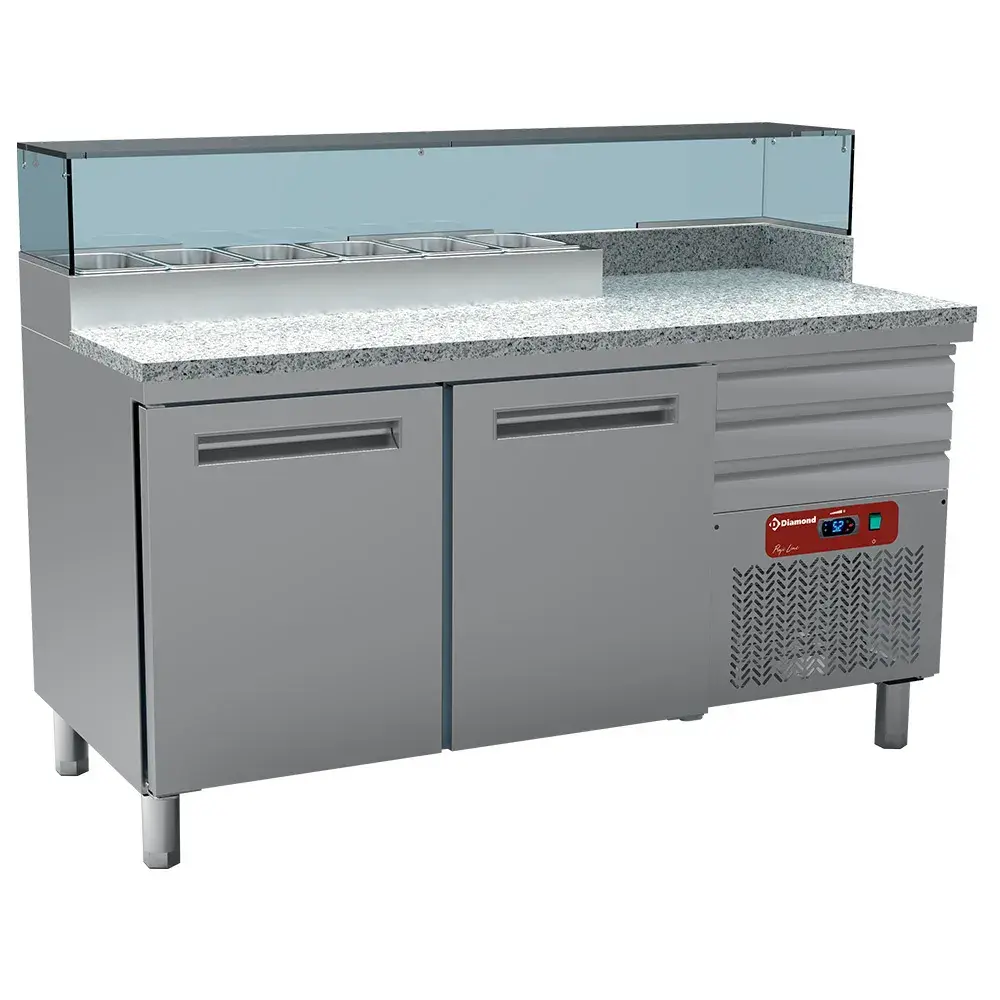 Cooling table for pizzeria, 2 doors 600x400, 3 neutral drawers 600x400, refrigerated structure 6x GN 1/4 - Main Image