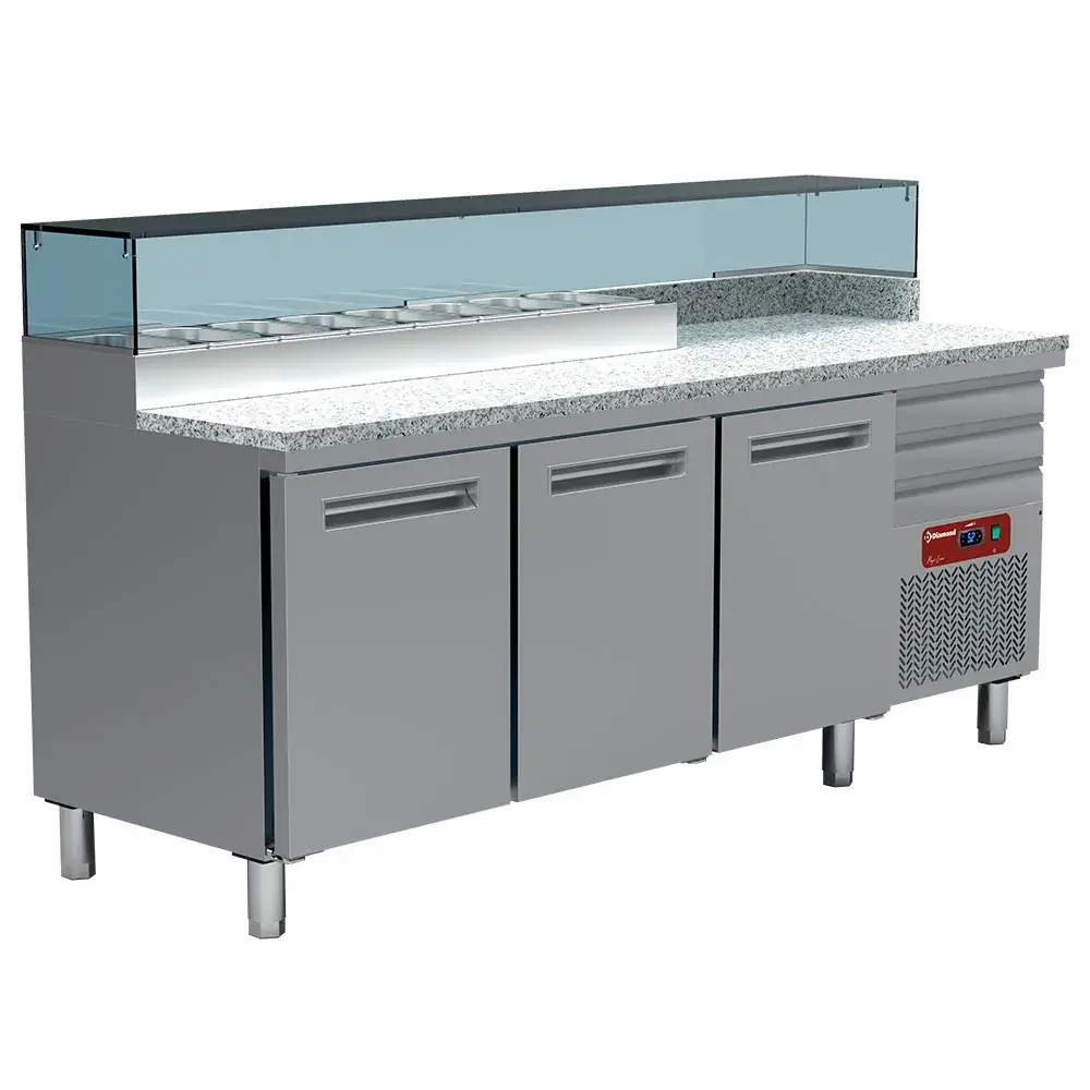 Cooling table for pizzeria, 3 doors 600x400, 3 neutral drawers 600x400, refrigerated structure 8x GN 1/4 - Main Image