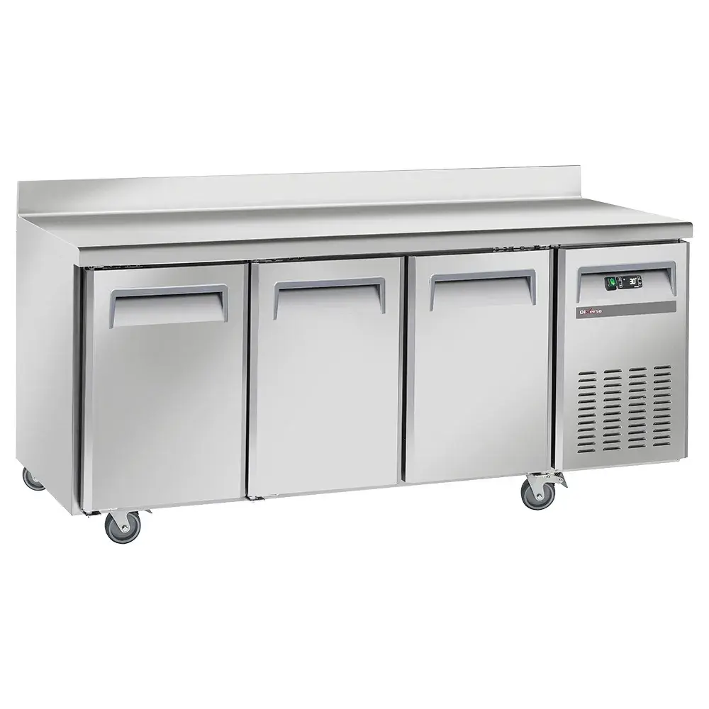 Cooling table, ventilated, 3 doors GN 1/1, with backsplash, on wheels, 2 with brakes - Main Image