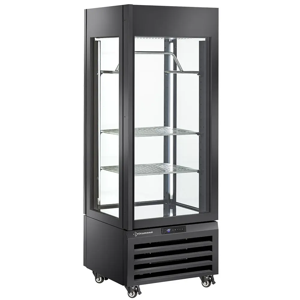FULL glazen vitrine" 440 liter, 2 planken & vleesstang, geventileerd - MEAT - ZWART
