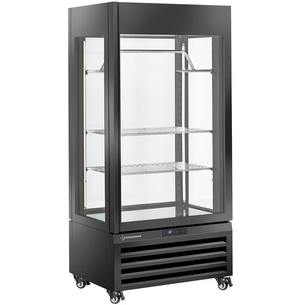 FULL glazen vitrine" 600 liter, 2 planken & vleesstang, geventileerd - MEAT - ZWART