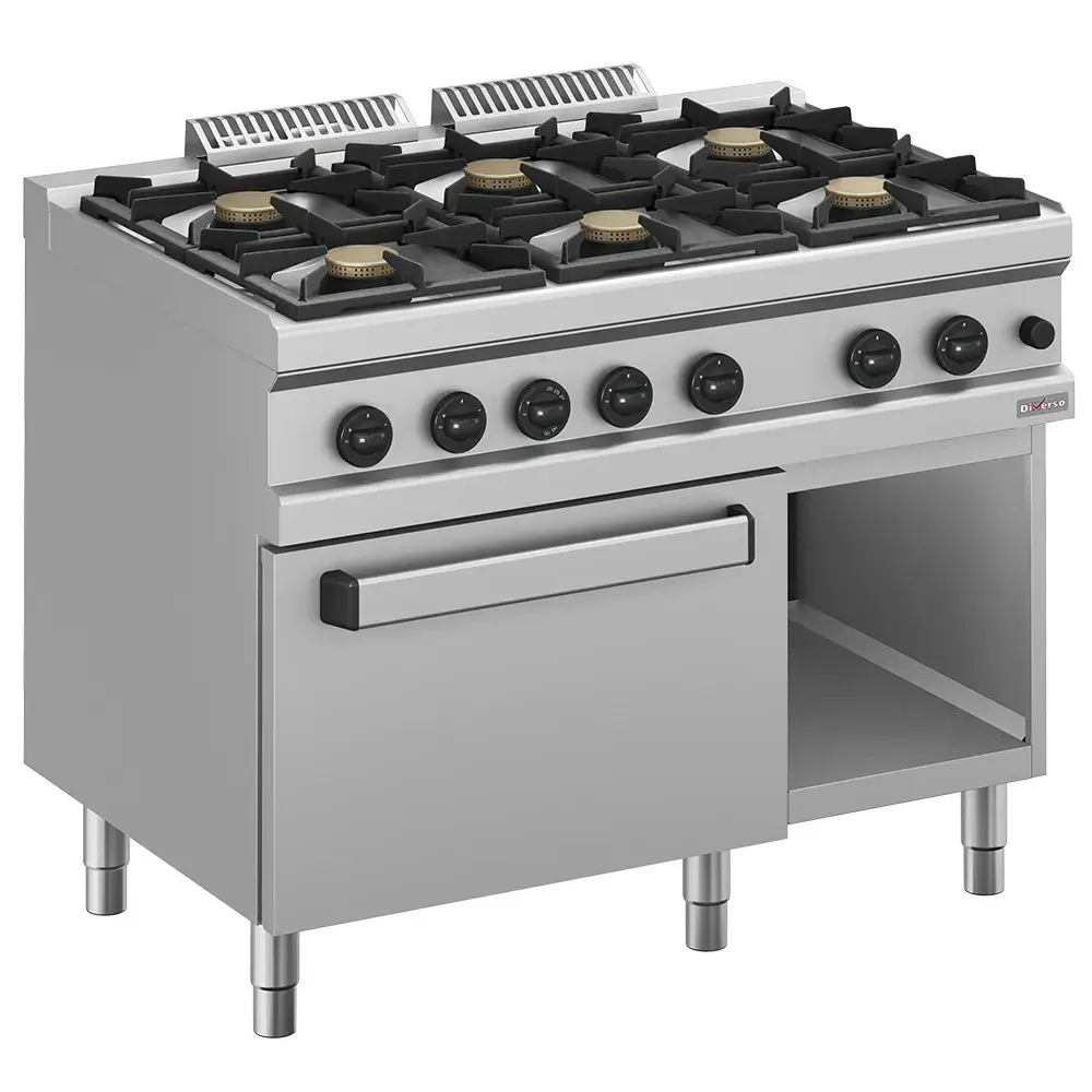 Gas range 6 burners, on gas oven GN 2/1 and cupboard - Main Image