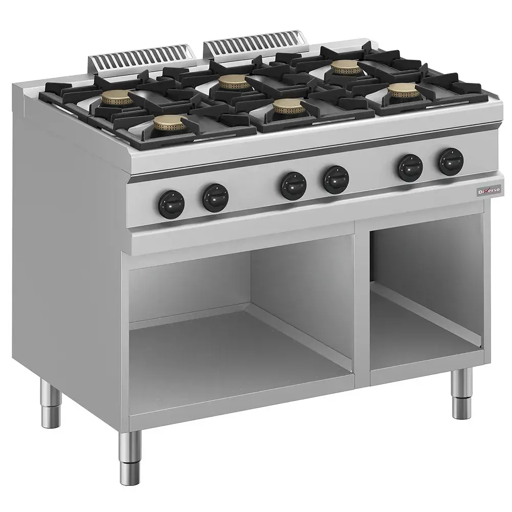 Gas range 6 burners, on open cupboard - Main Image