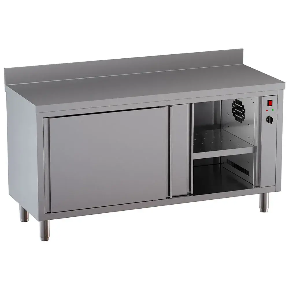 Heated cabinet table with 2 sliding doors, with rear backsplash - Main Image
