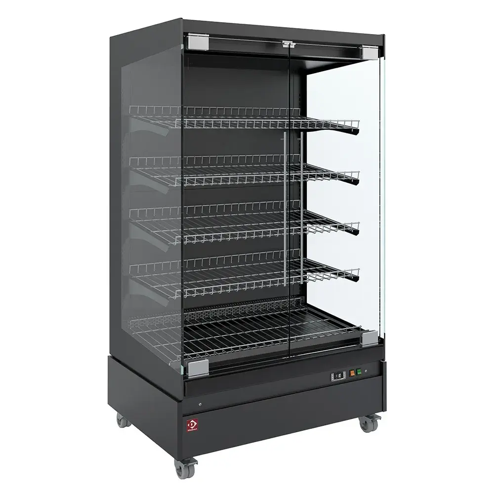 Heated display case, self-service, with glass door, on wheels - FULL BLACK