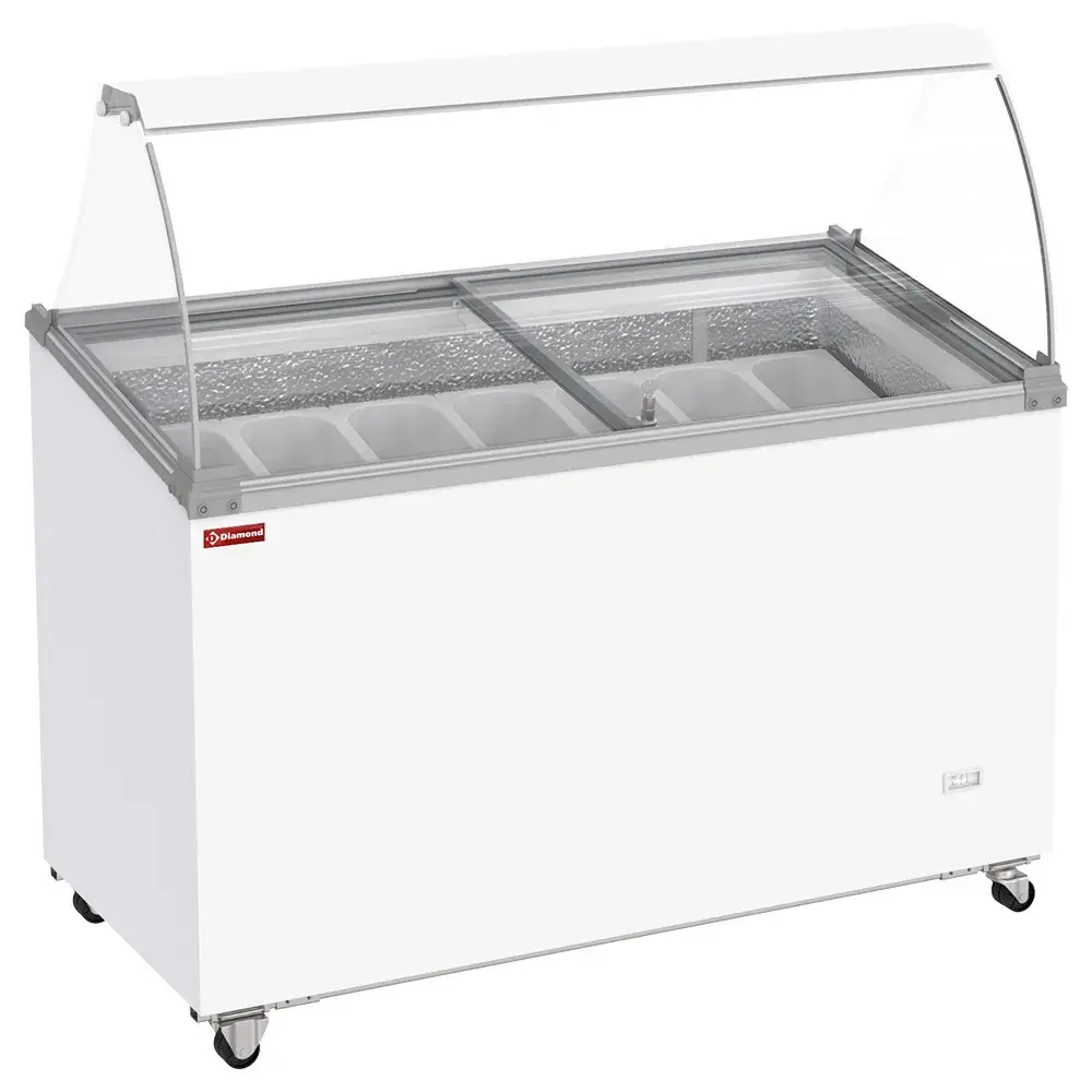 Ice cream display freezer, 381 liters, sliding lids on wheels with curved glass, capacity for 7 tubs - Main Image